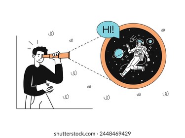 Astronaut with telescope linear. Man looking at space and cosmos. Astrology and astronomy. Glaxy and universe with planets and stars. Doodle flat vector illustration isolated on white background