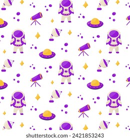 astronaut telescope spaceship space science satellite dish ufo purple yellow orange pattern. Vector illustration
