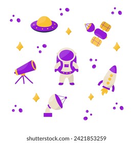 astronaut telescope spaceship space science satellite dish ufo purple yellow orange elements. Vector illustration