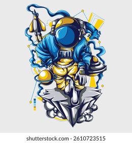 astronaut themed illustration with running pose and using unique color style