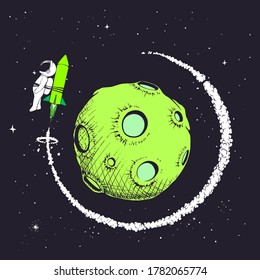 Astronaut tied to a rocket flies around planet.Cartoon vector illustration