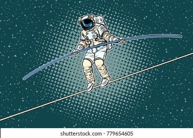 Astronaut tightrope Walker, the risks of a researcher of science. Pop art retro vector illustration.