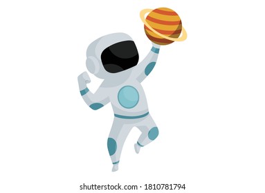 Astronaut is touching the planet with hand in space. Vector graphic illustration. Individually on white background.