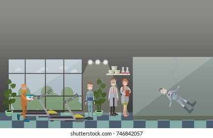 Astronaut training concept vector illustration. Astronauts preparing for their space missions. Physical training, extra-vehicular activity EVA training flat style design elements.