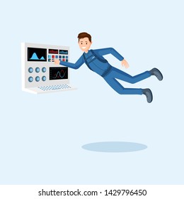 Astronaut training flat vector illustration. Cosmonaut pressing button on spaceship control panel cartoon character. Spaceman floating in zero gravity, outer space mission isolated clipart