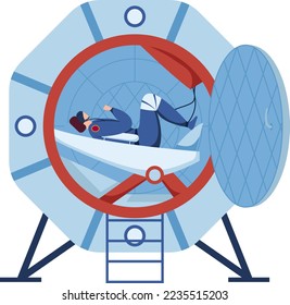 Astronaut training, modern technology, gravity check, young astronaut, small spaceship, design, flat style vector illustration.