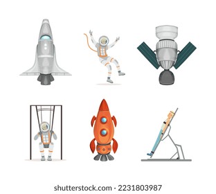 Astronaut training preparing for space flight set. Space equipment, simulator machines cartoon vector illustration