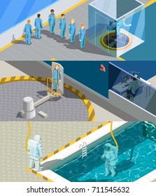 Astronaut training program isometric horizontal compositions set with human characters and simulation training system exercise devices vector illustration