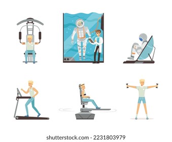 Astronaut training with simulator machines preparing for space flight set cartoon vector illustration