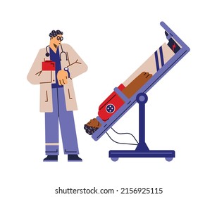 Astronaut Trains On Zero Gravity Simulation Device, Flat Vector Illustration Isolated On White Background. Doctor Prepares Spaceman For The Flight. Cartoon Character Lies Upside Down.