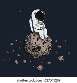 Astronaut travel on asteroid in outer space.Cosmic cartoon vector illustration