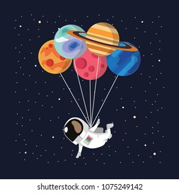 Astronaut travel with planet balloons .Minimal cartoon Vector illustration