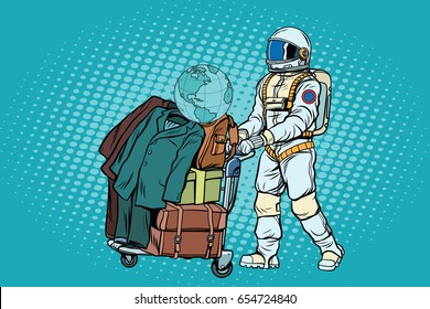 Astronaut traveler with baggage cart. Pop art retro vector illustration