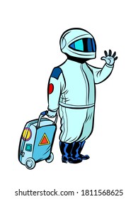 Astronaut traveler with a travel suitcase. Comics caricature pop art retro vector illustration drawing