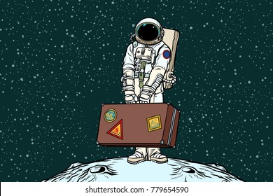 Astronaut traveler with travel suitcase. Refugees and migration. Ecology and problems of the Earth. Pop art retro vector illustration