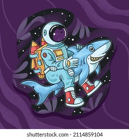 astronaut traveling with shark concept