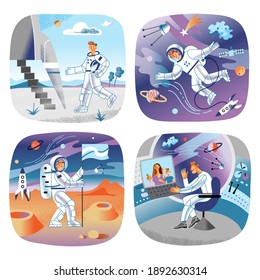 Astronaut traveling in spaceship at cosmos set. Happy man in rocket looking through window, departure scene, putting flag, talking with family. Moon and planet travel vector illustration.