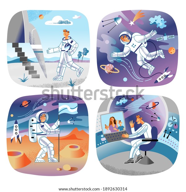 Astronaut\
traveling in spaceship at cosmos set. Happy man in rocket looking\
through window, departure scene, putting flag, talking with family.\
Moon and planet travel vector\
illustration.