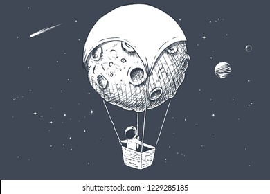 astronaut travels by on aerostat made of Moon. Spaceman exploring the universe. Space voyager.Vector illustration