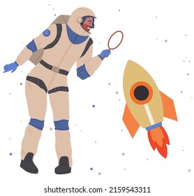 Astronaut travels in intergalactic space. Man on spaceship flies in solar system. Fantastic transport of explorer in space. Spaceman flying among rocket and stars. Sky landscape with celestial objects