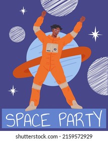 Astronaut travels in intergalactic space. Man in space suit flies in solar system. Fantastic transport of explorer in space. Spaceman flying among planets and stars. Space party banner concept