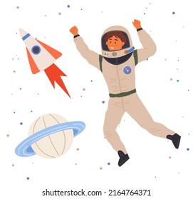 Astronaut travels in intergalactic space. Man on spaceship flies in solar system. Fantastic transport of explorer in space. Spaceman flying among rocket and stars. Sky landscape with celestial objects