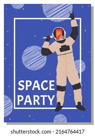 Astronaut travels in intergalactic space. Man on spaceship flies in solar system. Fantastic transport of explorer in space. Spaceman flying among planets and stars. Space party banner concept