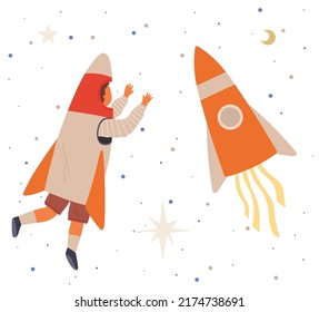 Astronaut travels in intergalactic space. Man on spaceship flies in solar system. Fantastic transport of explorer in space. Spaceman flying among rocket and stars. Sky landscape with celestial objects