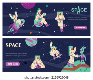 Astronaut travels in space, man in space, in the galaxy, in zero gravity, vector flat illustration. The character is an astronaut reading a book, flying on a rocket, a set of horizontal web pages.