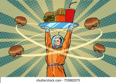 Astronaut with a tray of fast Food. Pop art retro vector