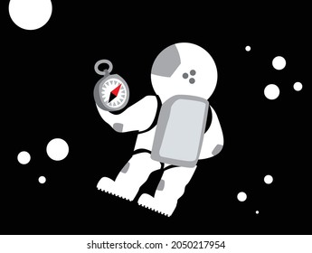 Astronaut tries to find his way in space with a compass. Vector image for prints, poster and illustrations.