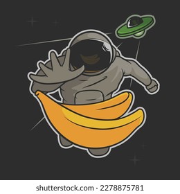 astronaut trying to catch bananas and being chased by ufo art illustration