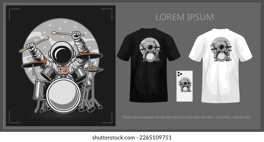 Diseño de camisetas astronautas con tambores completados con simulación.