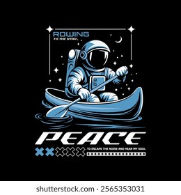 astronaut t-shirt vector design with text "peace". streetwear and Urban style on black background