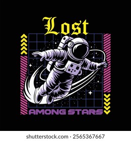 astronaut t-shirt vector design with text "lost among stars". streetwear and Urban style on black background