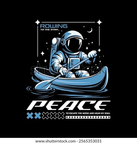 astronaut t-shirt vector design with text "peace". streetwear and Urban style on black background