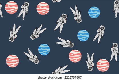 An astronaut with two colored planets on a dark background. Seamless pattern.
