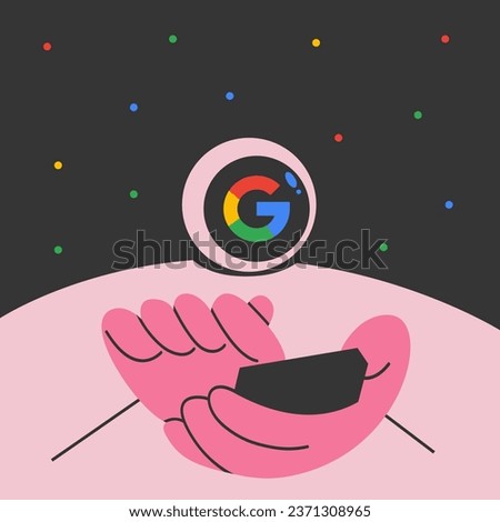 Astronaut typing on his phone while in space has a reflection of the Google logo on his spacesuit. Card, cover, web banner, poster for social media. Flat vector illustration.