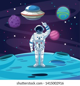 astronaut and UFO on the moon scenery vector illustration graphic design