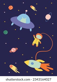 astronaut and UFO and rocket in the space