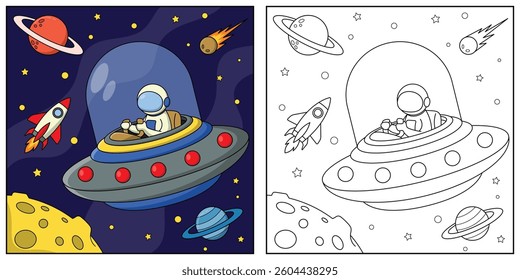 Astronaut And ufo in Space Coloring Book with Modern Illustration. Ideal for Kids Coloring Page.