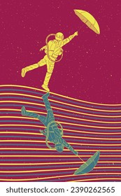 Astronaut with umbrella. Cosmonaut abstract retro poster. Man in space
