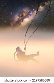 Astronaut with umbrella. Cosmonaut in fog waves. Blue night starry sky