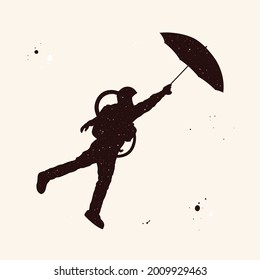 Astronaut with umbrella. Cosmonaut isolated outline. Night starry sky