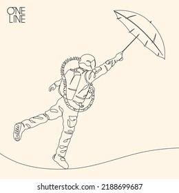 Astronaut with umbrella. Cosmonaut linear silhouette. Continuous line