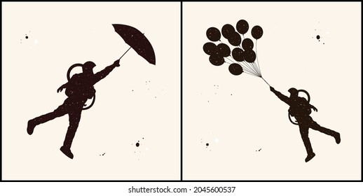 Astronaut with umbrella. Man with balloons. Cosmonaut isolated outline