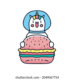 Astronaut unicorn holding burger illustration. Vector graphics for t-shirt prints and other uses.