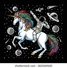 Astronaut and unicorn in space illustration	