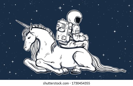 Astronaut  and unicorn vector illustration. Hand drawn spaceman for t-shirt print design