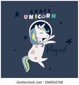 Astronaut unicorn vector print. Space explorer unicorn t-shirt print for kids.